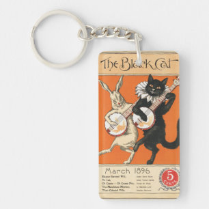 Retro Oranje Zwarte Kat Witte Konijn Banjo Kunst Sleutelhanger
