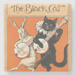 Retro Oranje Zwarte Kat Witte Konijn Banjo Kunst Stenen Onderzetter