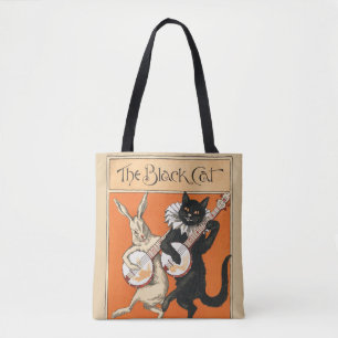Retro Oranje Zwarte Kat Witte Konijn Banjo Kunst Tote Bag