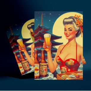 Retro Oriental Beer Girl Briefkaart