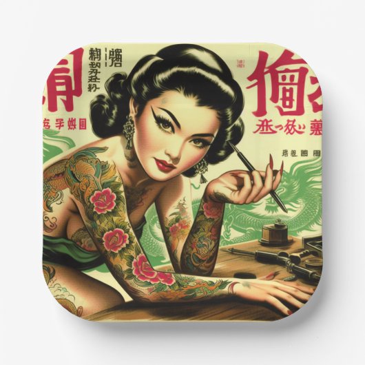 Retro Oriental Pin-up Papieren Bordje (Voorkant)