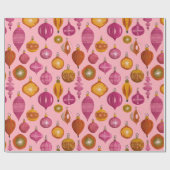 Retro Ornamenten op Roze Kerst Cadeaupapier (Vlak)
