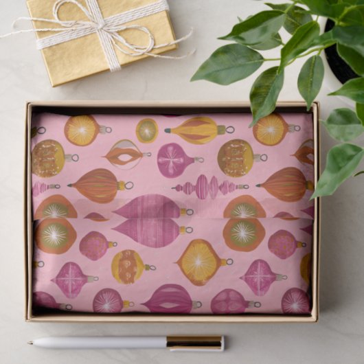 Retro Ornamenten op Roze Kerst Tissuepapier (Geschenk)