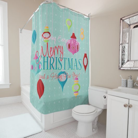Retro Ornaments Blauwgroen Kerstmis Douchegordijn (In situ)