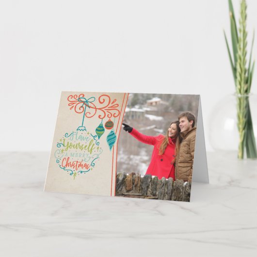 Retro Ornaments & Merry kerst Bauble - Foto Feestdagen Kaart (Voorkant)