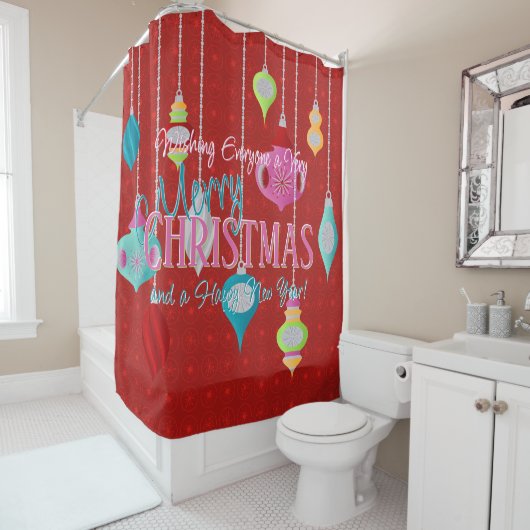 Retro Ornaments Red Kerstmis Douchegordijn (In situ)