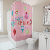 Retro Ornaments Roze Kerstmis Douchegordijn (In situ)