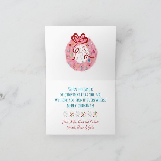 Retro Ornaments Roze Kerstmis Feestdagen Kaart (Binnen)