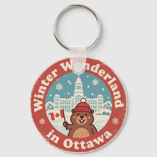 Retro Ottawa Beaver Winterpret Sleutelhanger (Voorkant)