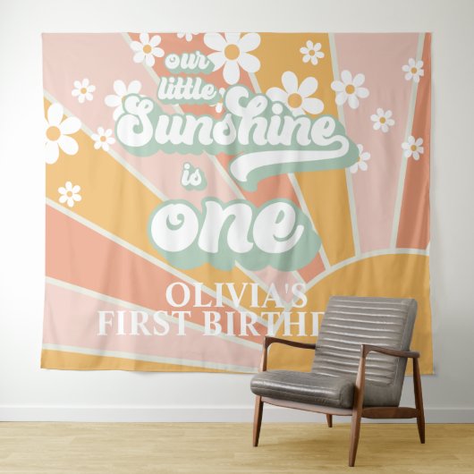 Retro Our Little Sunshine Daisy Verjaardagsbanner Wandkleed (In Situ (horizontaal))