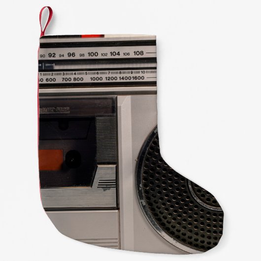 Retro outdated portable stereo radio cassette reco kleine kerstsok (Voorkant)