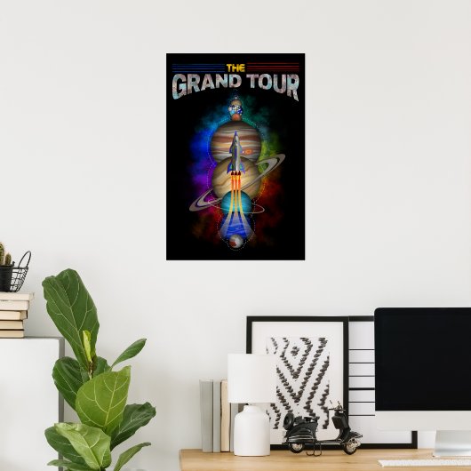 Retro Outer Space art with Space Ship and Planets Poster (Thuiskantoor)