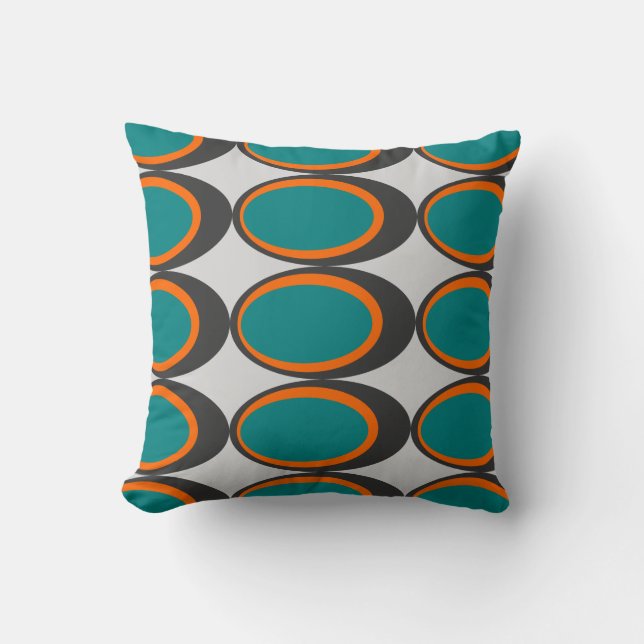 Retro Oval Print - Blauwgroen, Oranje en donkergri Kussen (Voorkant)