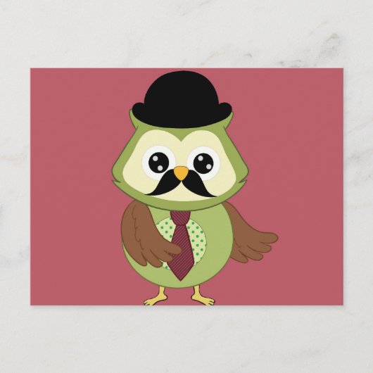 Retro Owl met Pet, stropdas en snor Briefkaart (Voorkant)