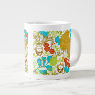 Retro Owls Leaves Fruit in Turquoise Green Brown Grote Koffiekop