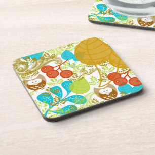 Retro Owls Leaves Fruit in Turquoise Green Brown Onderzetter