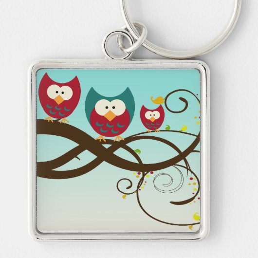 Retro Owls Swirly Branch Sleutelhanger (Voorkant)