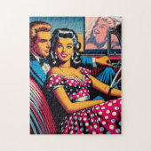 Retro paar in auto bij Drive In Movie Legpuzzel (Verticaal)