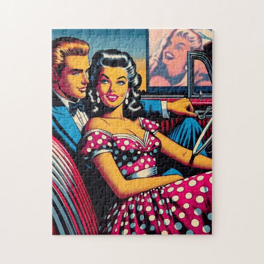 Retro paar in auto bij Drive In Movie Legpuzzel (Verticaal)