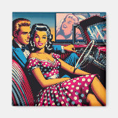 Retro paar in auto bij Drive In Movie Magneet (Voorkant)