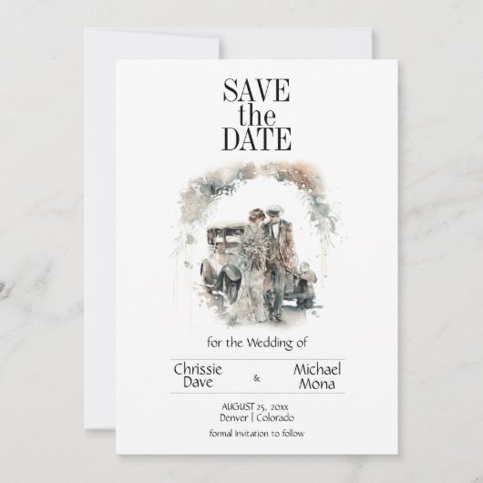 Retro paar in Pastel bruiloft Save The Date (Voorkant)