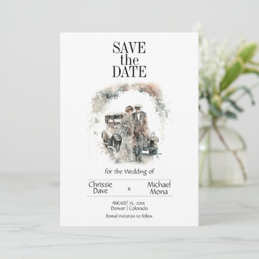 Retro paar in Pastel bruiloft Save The Date (Staand voorkant)