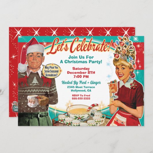 Retro paar Kerstmis Party uitnodiging (Voorkant / Achterkant)