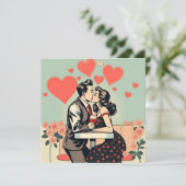 Retro paar kussen Pop kunst harten gepersonaliseer Feestdagenkaart (Staand voorkant)