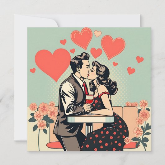 Retro paar kussen Pop kunst harten gepersonaliseer Feestdagenkaart (Voorkant)