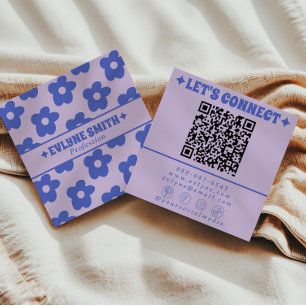 Retro Paars Blauw QR Code Groovy Bloemig Trendy Le Vierkante Visitekaartje