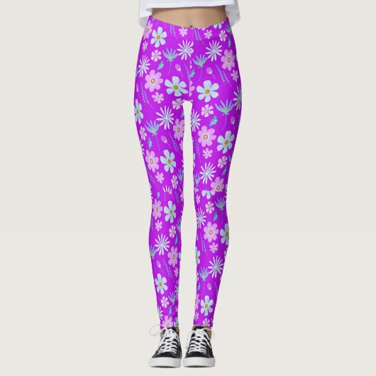 Retro Paars en Blue Flowers 1970 Leggings (Voorkant)