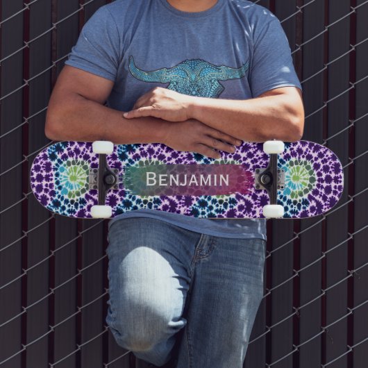 Retro Paars Groen Turquoise Tie-Dye Skateboard (Buiten 3)