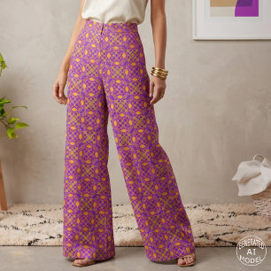 Retro Paars Roze Oranje Geometrisch Tegelpatroon Stof
