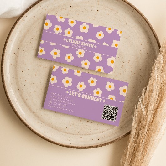 Retro Paars Wit QR Code Groovy Bloemig Trendy Visitekaartje