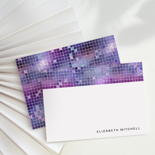 Retro Paarse Blauwe Roze Disco Ball Mirror Monogra Notitiekaartje
