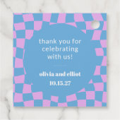 Retro Paarse Checkerboard Custom Couples Douche Bedankjes Labels (Achterkant)