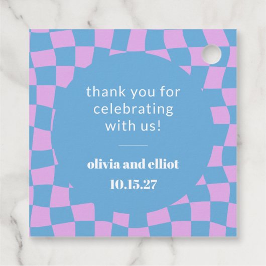 Retro Paarse Checkerboard Custom Couples Douche Bedankjes Labels (Achterkant)