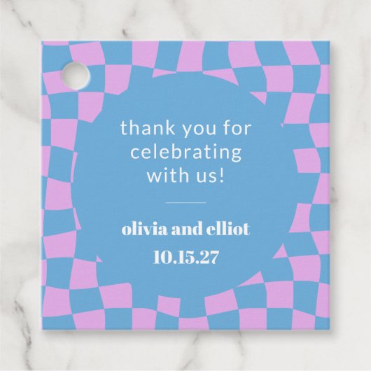 Retro Paarse Checkerboard Custom Couples Douche Bedankjes Labels (Voorkant)