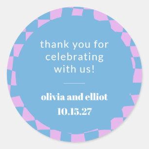 Retro Paarse Checkerboard Custom Couples Douche Ronde Sticker