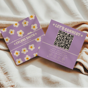 Retro Paarse Crème QR Code Groovy Bloemig Trendy Vierkante Visitekaartje