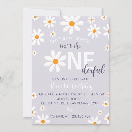 Retro Paarse Daisy Eerste Verjaardagsfeestuitnodig Kaart (Voorkant)