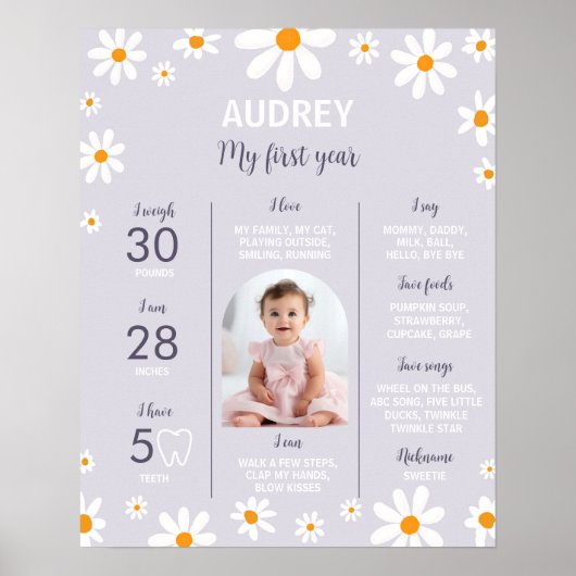 Retro Paarse Daisy Verjaardagsfeestje Mijlpaal tek Poster (Voorkant)