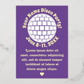 Retro Paarse Disco Bal PERSOONLIJK Zilver Folie Uitnodiging (Voorkant)