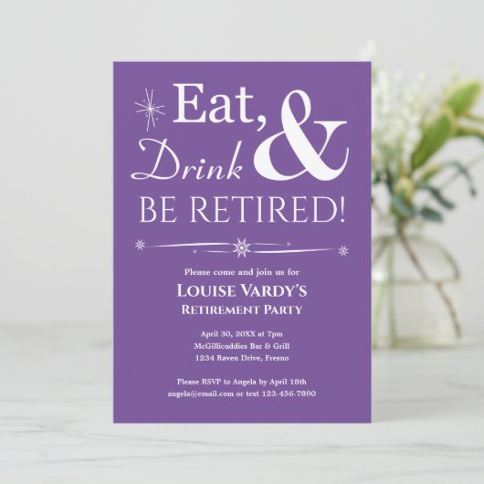 Retro Paarse Eet Drink en worden gepensioneerd Kaart (Staand voorkant)