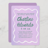 Retro Paarse en groene golvende handschrift bruilo Kaart (Voorkant / Achterkant)