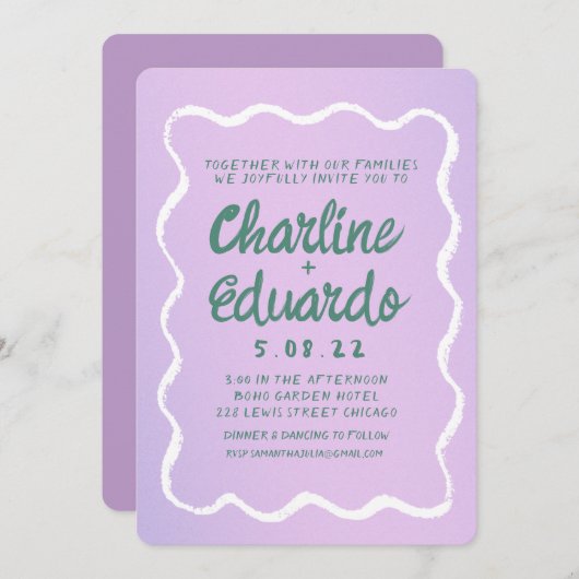 Retro Paarse en groene golvende handschrift bruilo Kaart (Voorkant / Achterkant)