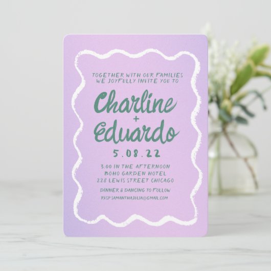 Retro Paarse en groene golvende handschrift bruilo Kaart (Staand voorkant)