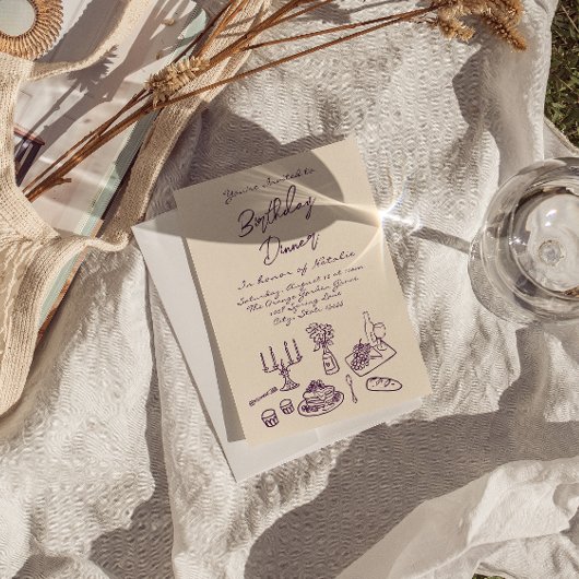 Retro Paarse getekende verjaardagsdiner foto Kaart