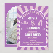 Retro paarse golvende bocht foto bruiloft save the date (Voorkant / Achterkant)