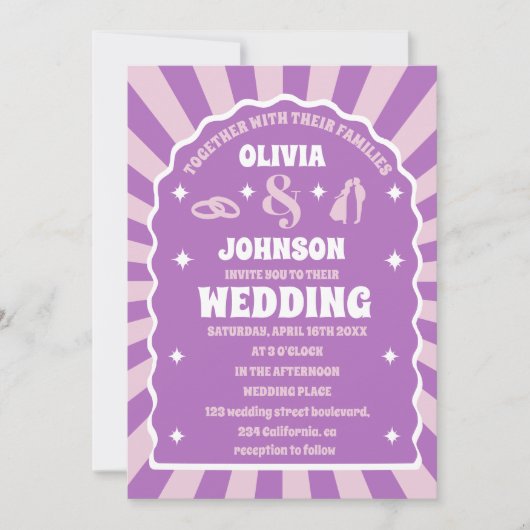 Retro paarse golvende boog bruiloft foto kaart (Voorkant)